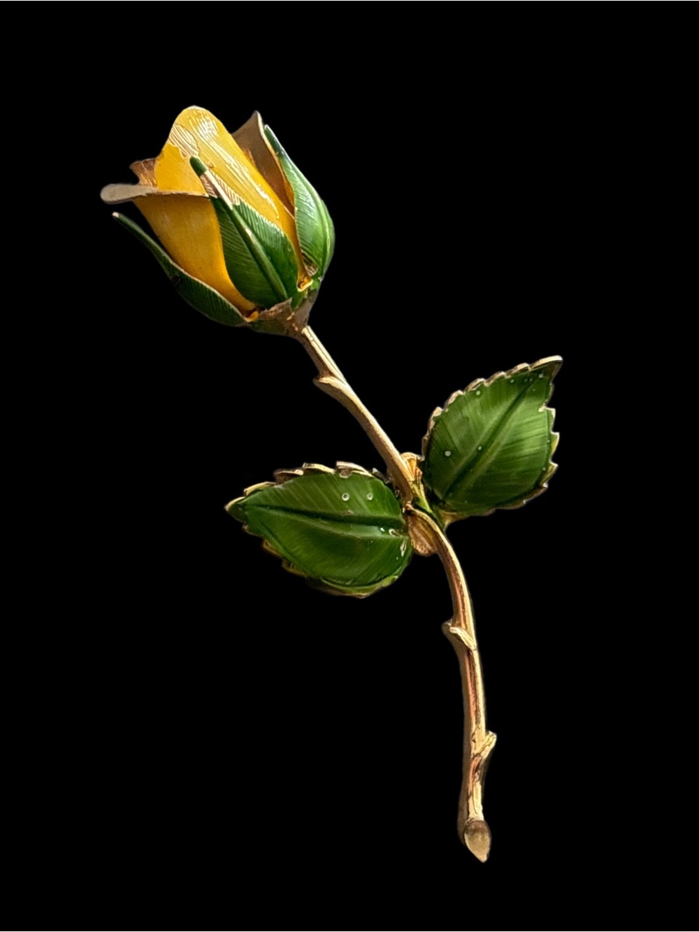 Enamel Yellow Rose Brooch with Green Leaves